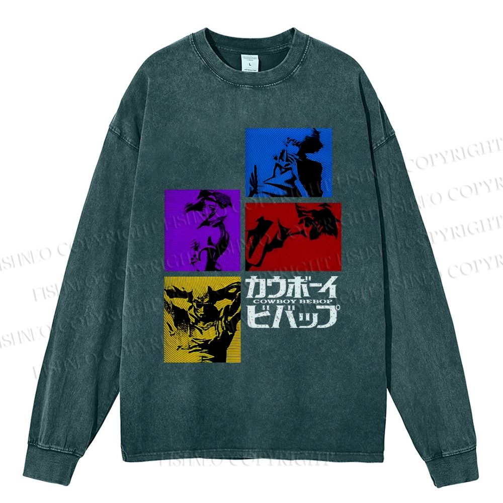 Unisex Casual Washed Cowboy Bebop Printed Long Sleeve T-shirt