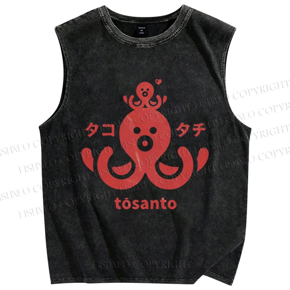 Unisex Octopus Printed Washed Tank Top