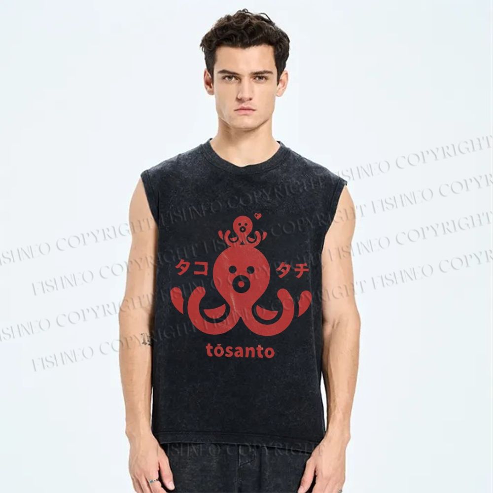 Unisex Octopus Printed Washed Tank Top