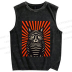 Unisex Geometric Black Cat Printed Washed Tank Top