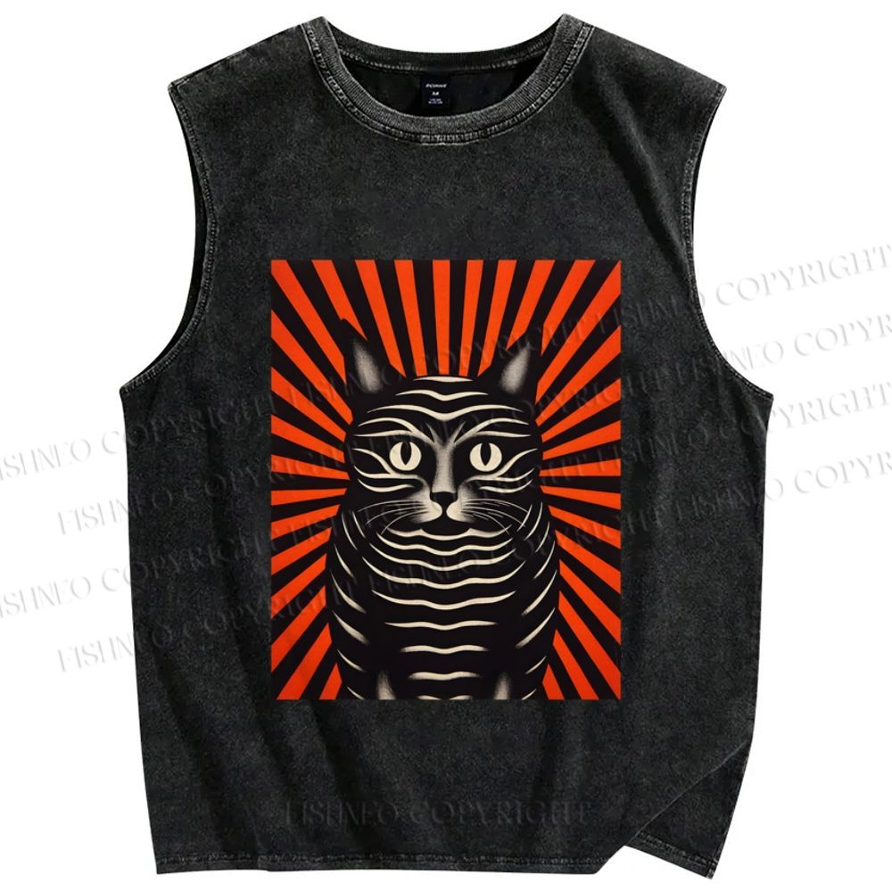 Unisex Geometric Black Cat Printed Washed Tank Top
