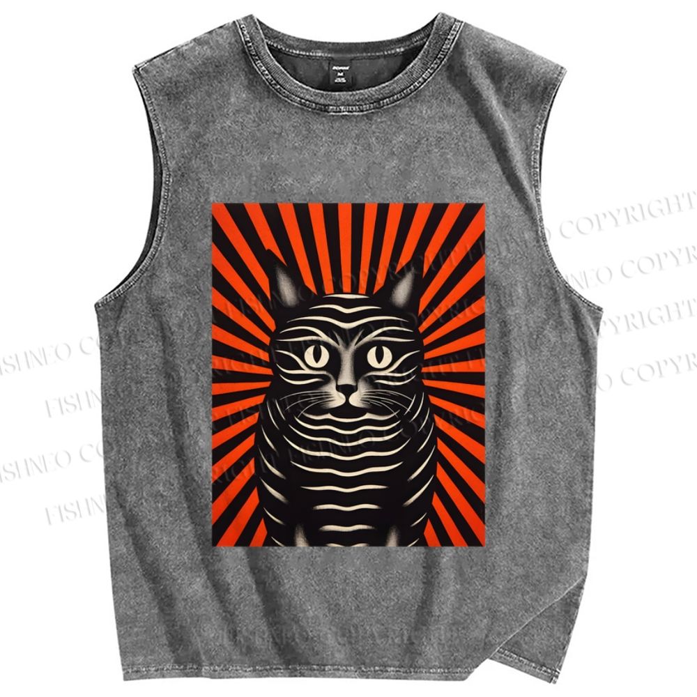 Unisex Geometric Black Cat Printed Washed Tank Top