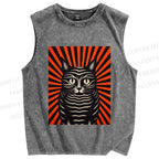 Unisex Geometric Black Cat Printed Washed Tank Top