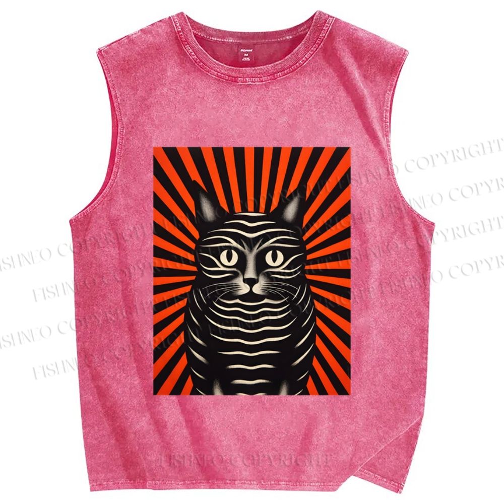 Unisex Geometric Black Cat Printed Washed Tank Top