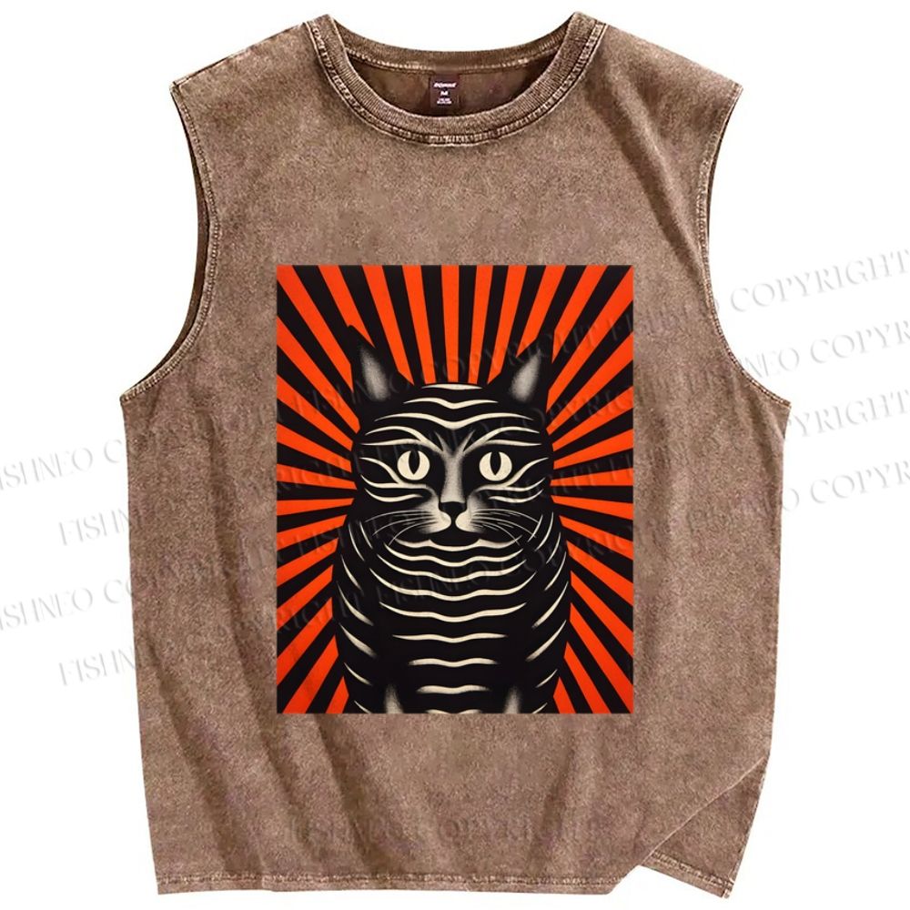Unisex Geometric Black Cat Printed Washed Tank Top