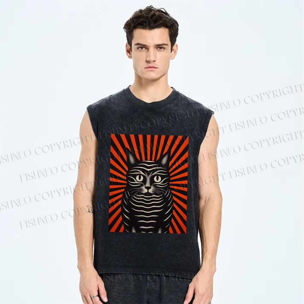 Unisex Geometric Black Cat Printed Washed Tank Top