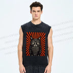 Unisex Geometric Black Cat Printed Washed Tank Top