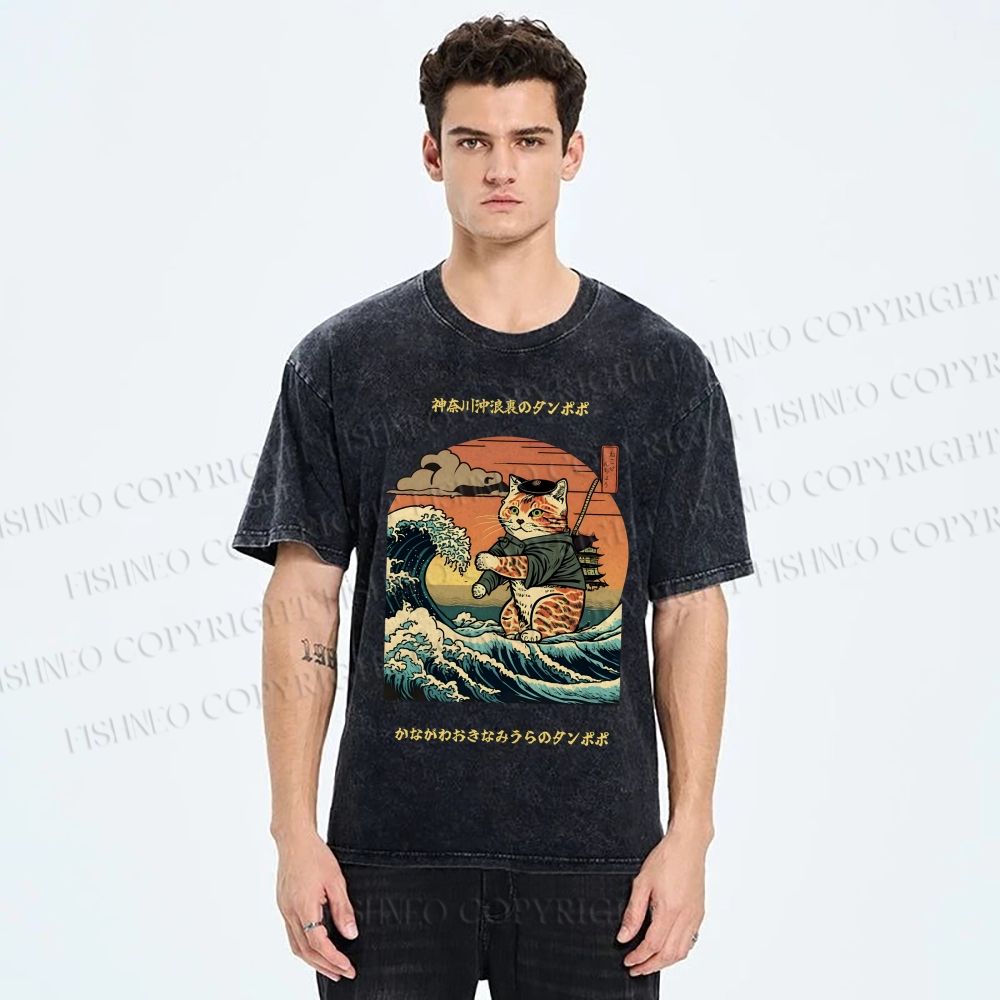 Unisex The Great Wave Off Kanagawa Cat Printed Washed Tee
