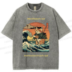 Unisex The Great Wave Off Kanagawa Cat Printed Washed Tee