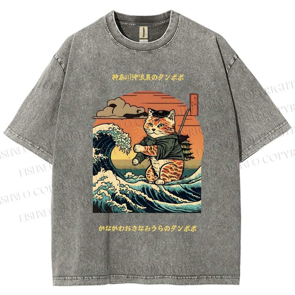 Unisex The Great Wave Off Kanagawa Cat Printed Washed Tee