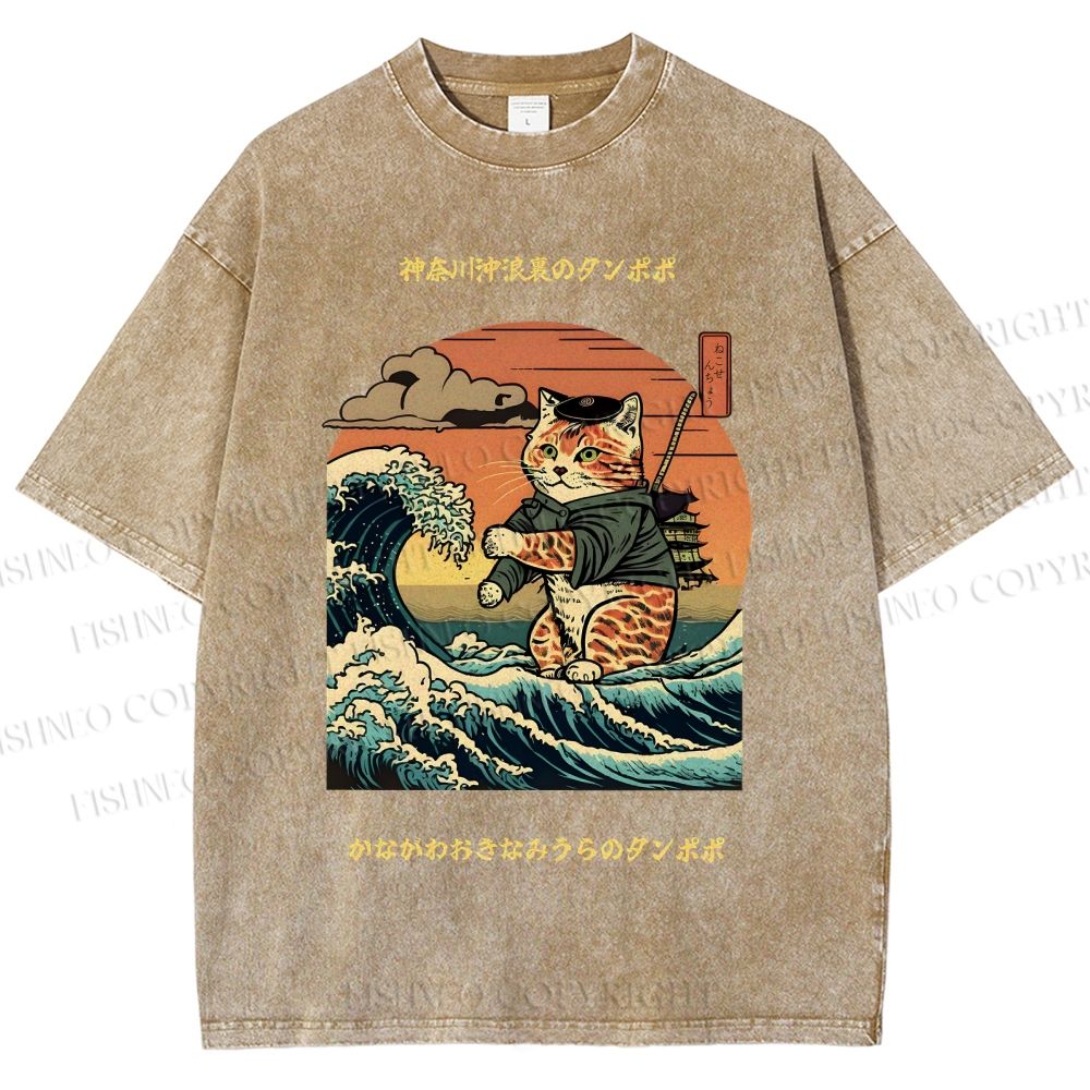 Unisex The Great Wave Off Kanagawa Cat Printed Washed Tee