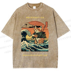 Unisex The Great Wave Off Kanagawa Cat Printed Washed Tee