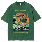 Unisex The Great Wave Off Kanagawa Cat Printed Washed Tee