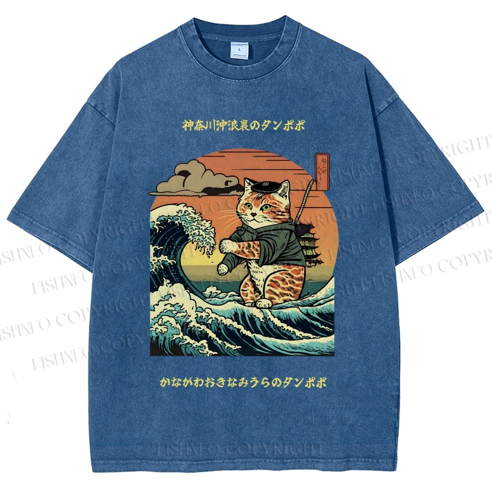 Unisex The Great Wave Off Kanagawa Cat Printed Washed Tee