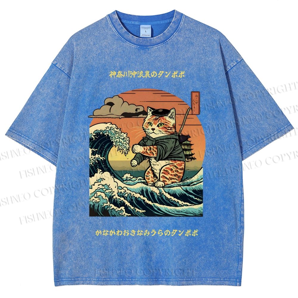 Unisex The Great Wave Off Kanagawa Cat Printed Washed Tee