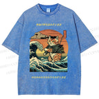 Unisex The Great Wave Off Kanagawa Cat Printed Washed Tee