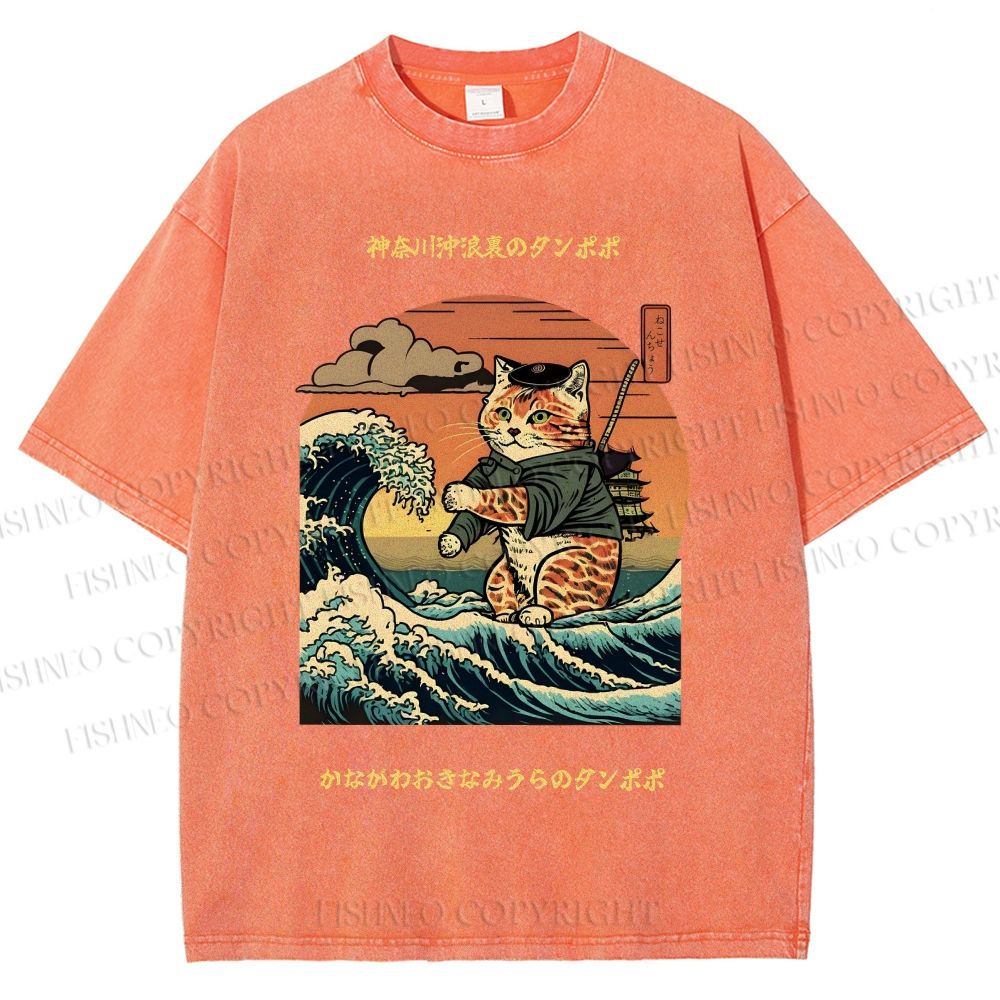 Unisex The Great Wave Off Kanagawa Cat Printed Washed Tee