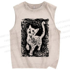 Unisex Printmaking Cat Printed Washed Tank Top