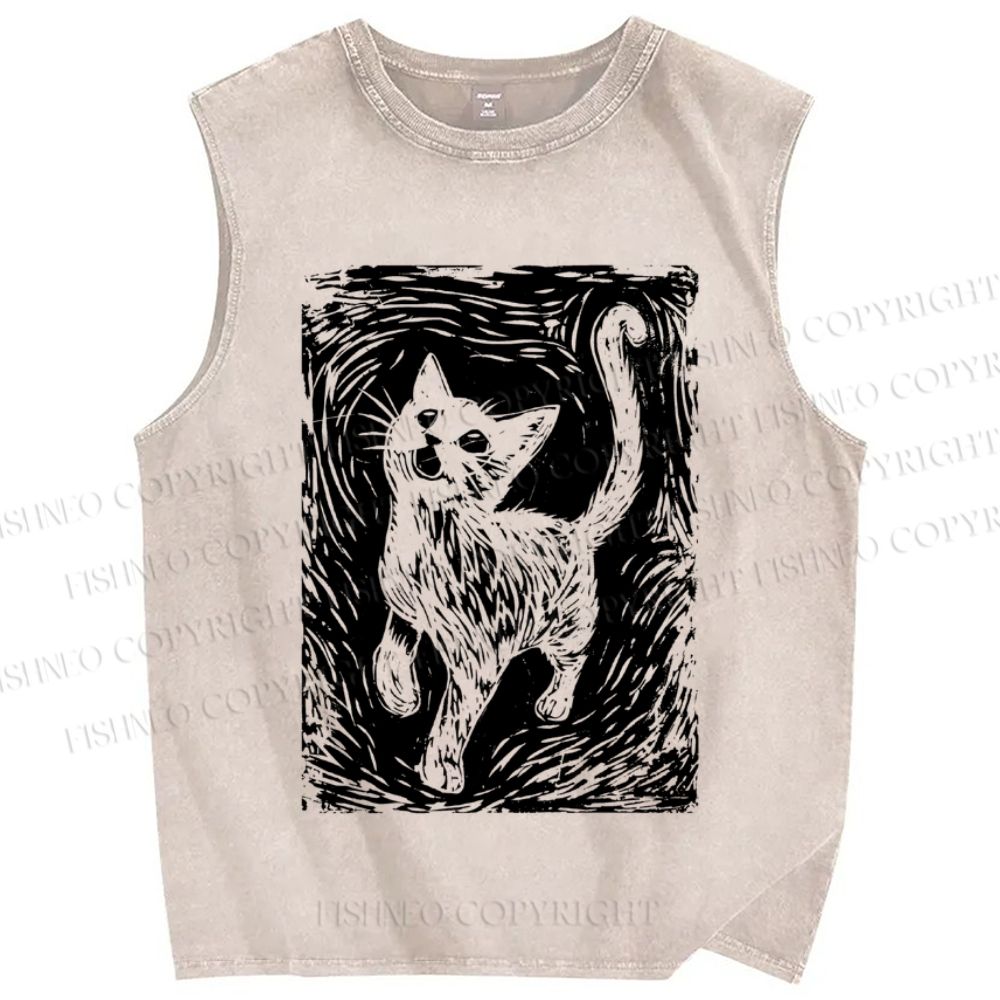 Unisex Printmaking Cat Printed Washed Tank Top