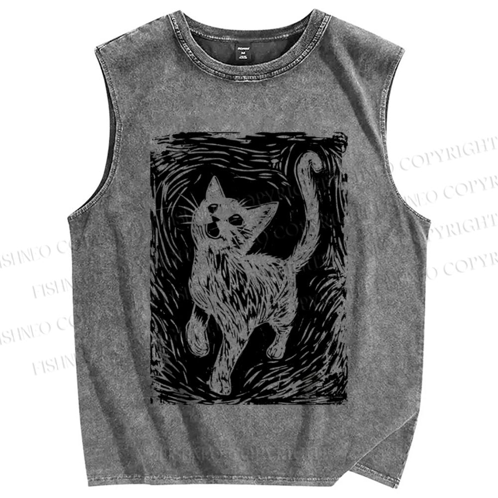 Unisex Printmaking Cat Printed Washed Tank Top