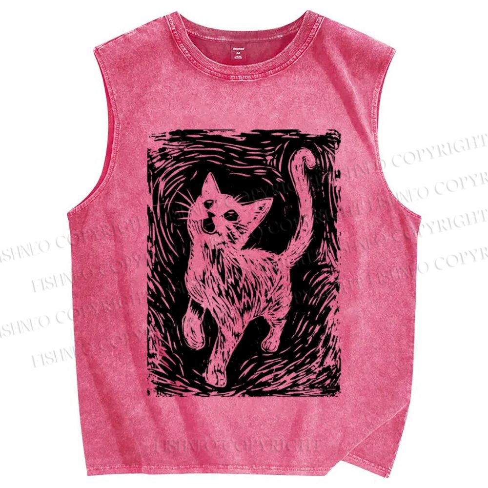 Unisex Printmaking Cat Printed Washed Tank Top