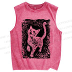 Unisex Printmaking Cat Printed Washed Tank Top