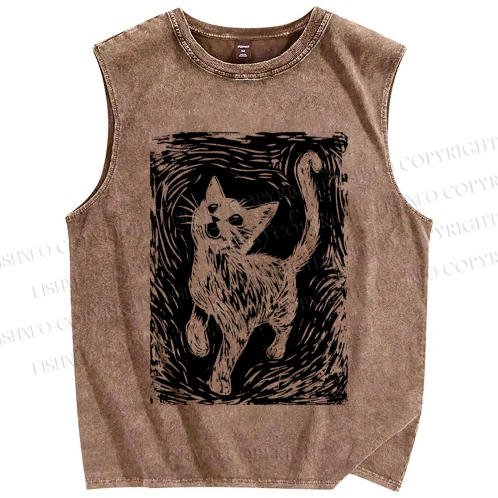 Unisex Printmaking Cat Printed Washed Tank Top