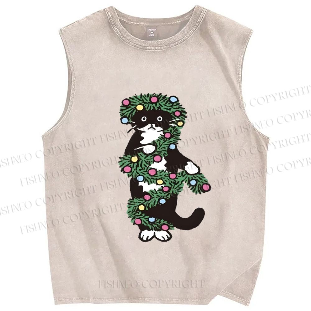 Unisex Christmas Cat String lights Printed Washed Tank Top