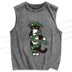 Unisex Christmas Cat String lights Printed Washed Tank Top