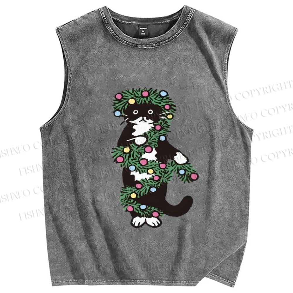 Unisex Christmas Cat String lights Printed Washed Tank Top