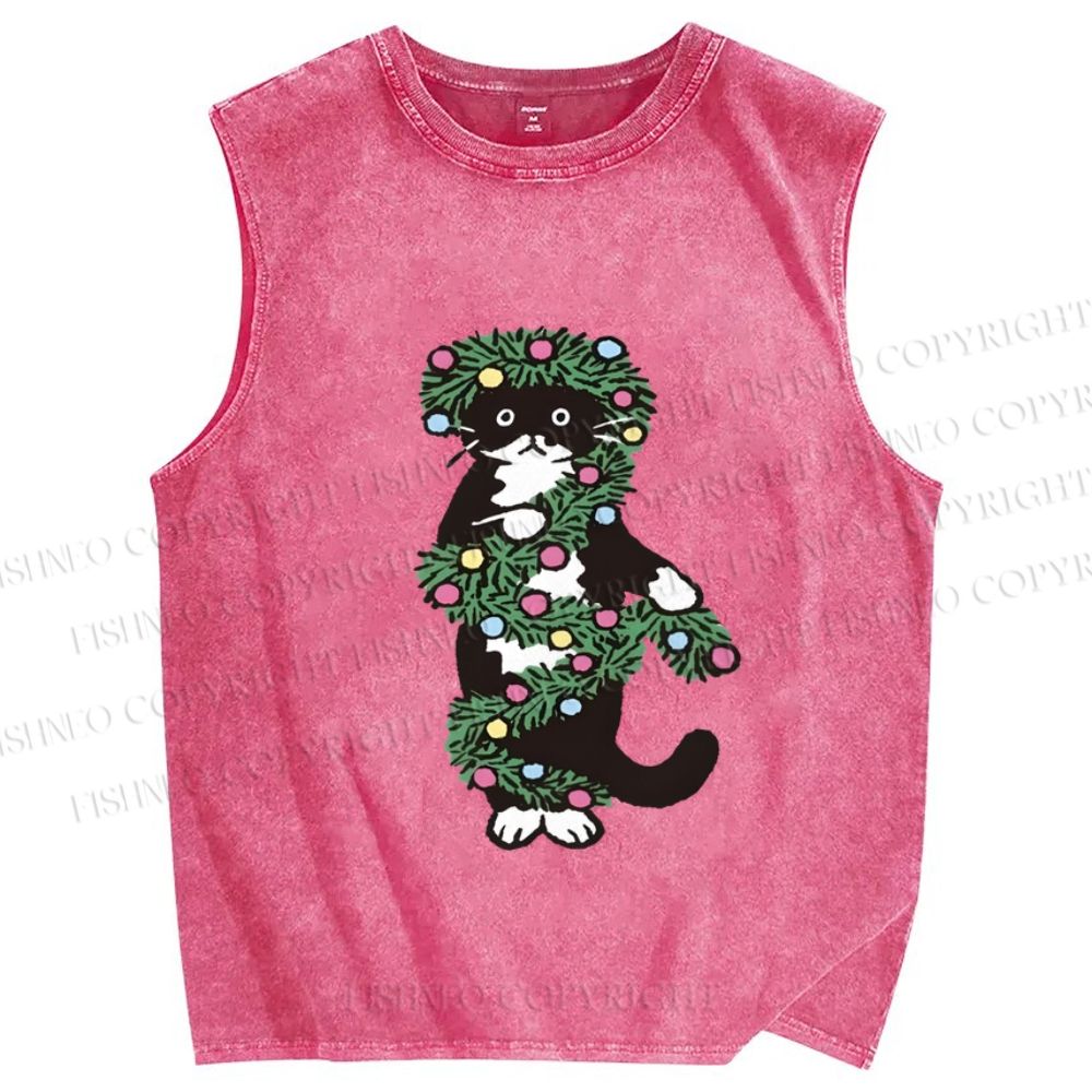 Unisex Christmas Cat String lights Printed Washed Tank Top