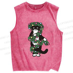 Unisex Christmas Cat String lights Printed Washed Tank Top