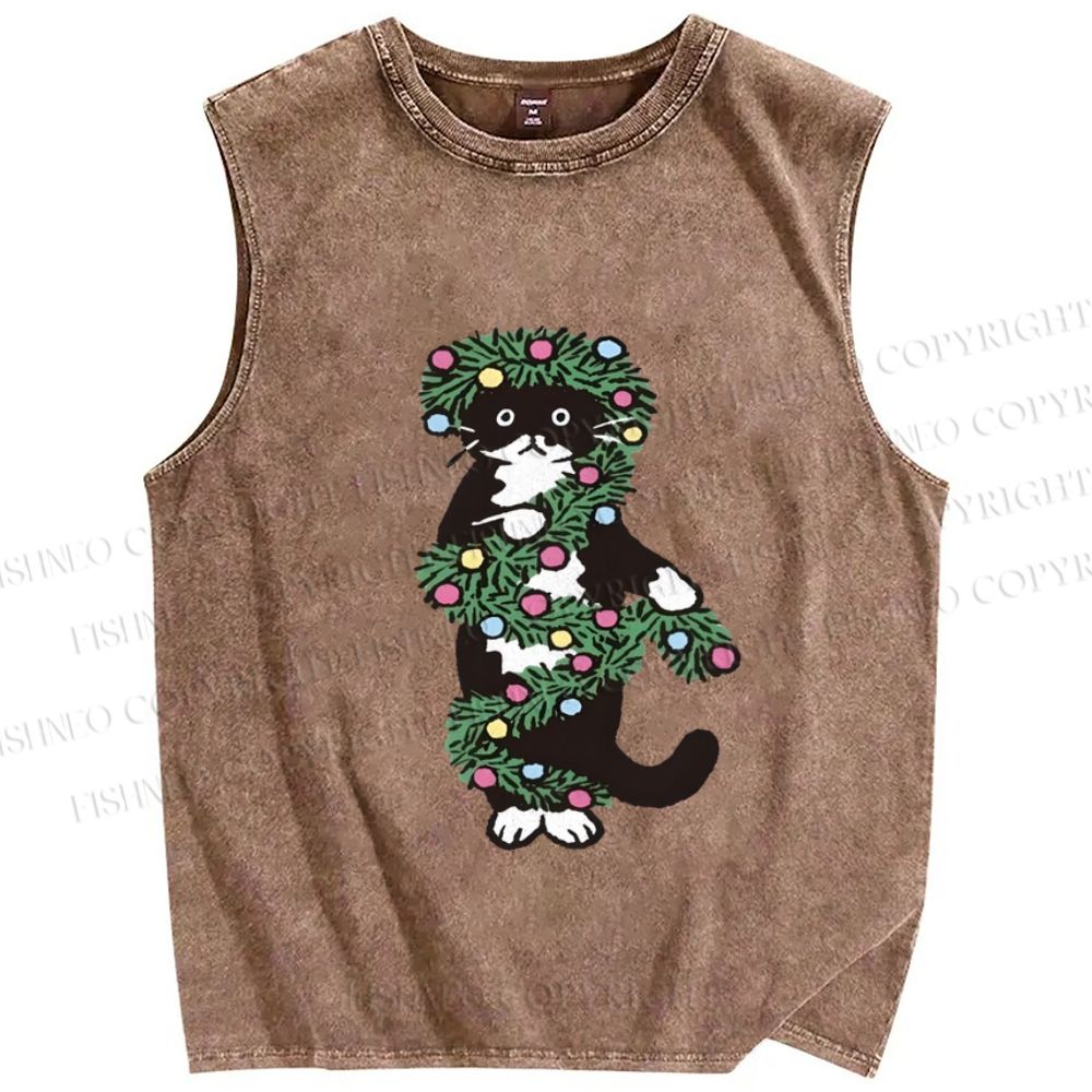 Unisex Christmas Cat String lights Printed Washed Tank Top