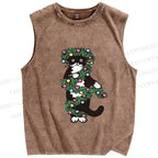 Unisex Christmas Cat String lights Printed Washed Tank Top