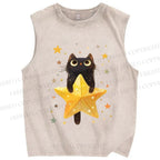 Unisex Flying Black Cat Holding Star Printed Washed Tank Top