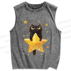 Unisex Flying Black Cat Holding Star Printed Washed Tank Top