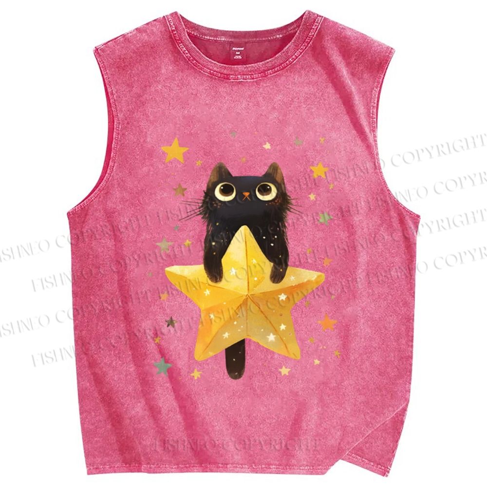 Unisex Flying Black Cat Holding Star Printed Washed Tank Top