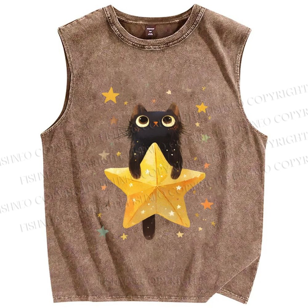 Unisex Flying Black Cat Holding Star Printed Washed Tank Top
