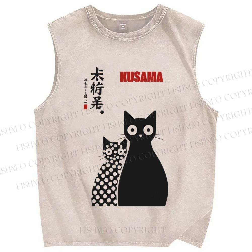 Unisex Yayoi Kusama Cat Printed Washed Tank Top