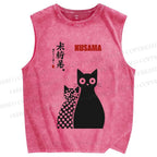 Unisex Yayoi Kusama Cat Printed Washed Tank Top