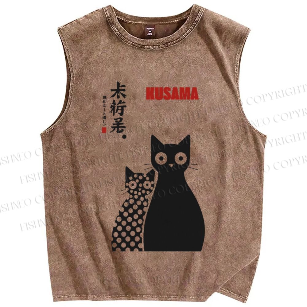 Unisex Yayoi Kusama Cat Printed Washed Tank Top