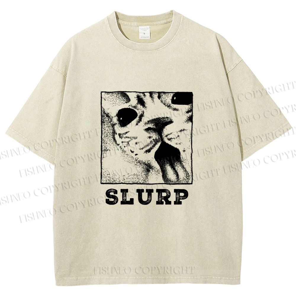 Unisex Meme Cat Slurp Printed Washed Tee