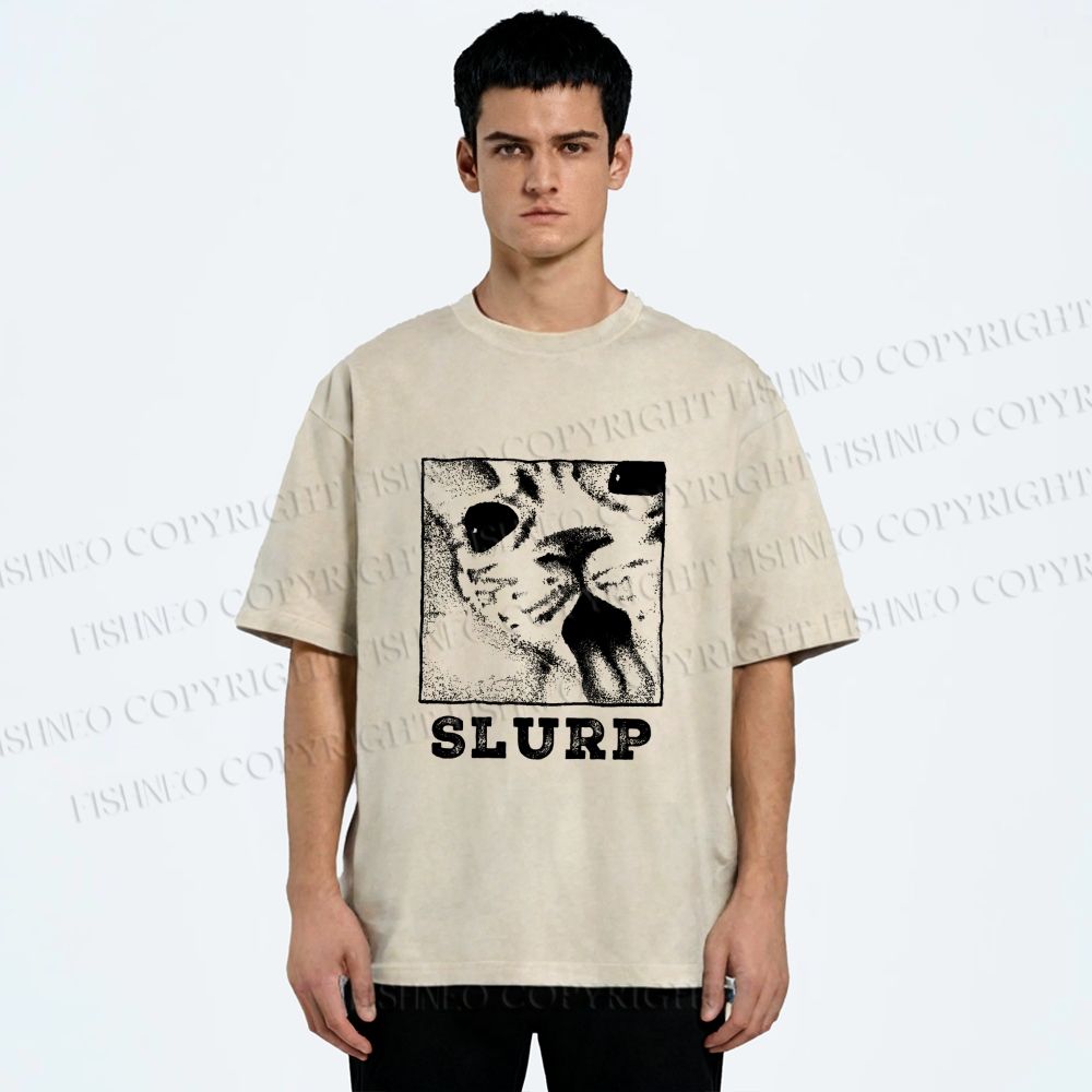 Unisex Meme Cat Slurp Printed Washed Tee