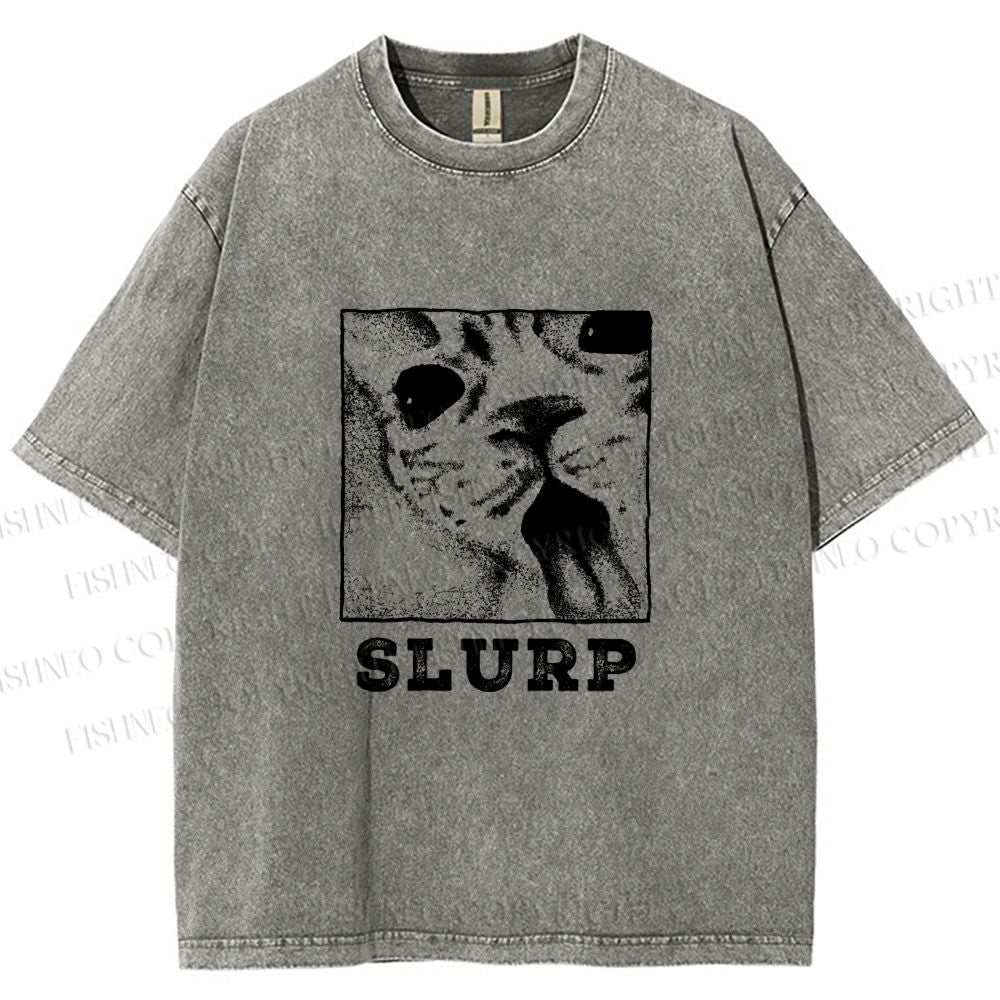 Unisex Meme Cat Slurp Printed Washed Tee
