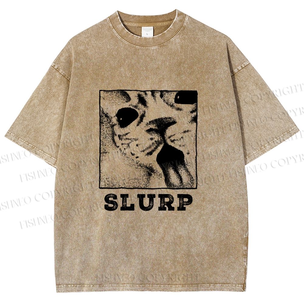 Unisex Meme Cat Slurp Printed Washed Tee