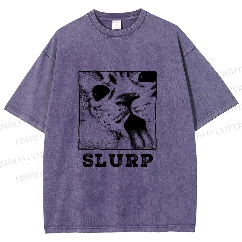 Unisex Meme Cat Slurp Printed Washed Tee