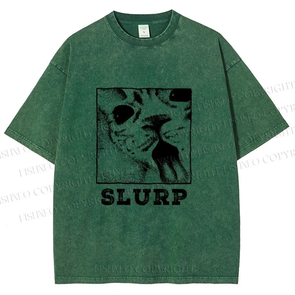 Unisex Meme Cat Slurp Printed Washed Tee