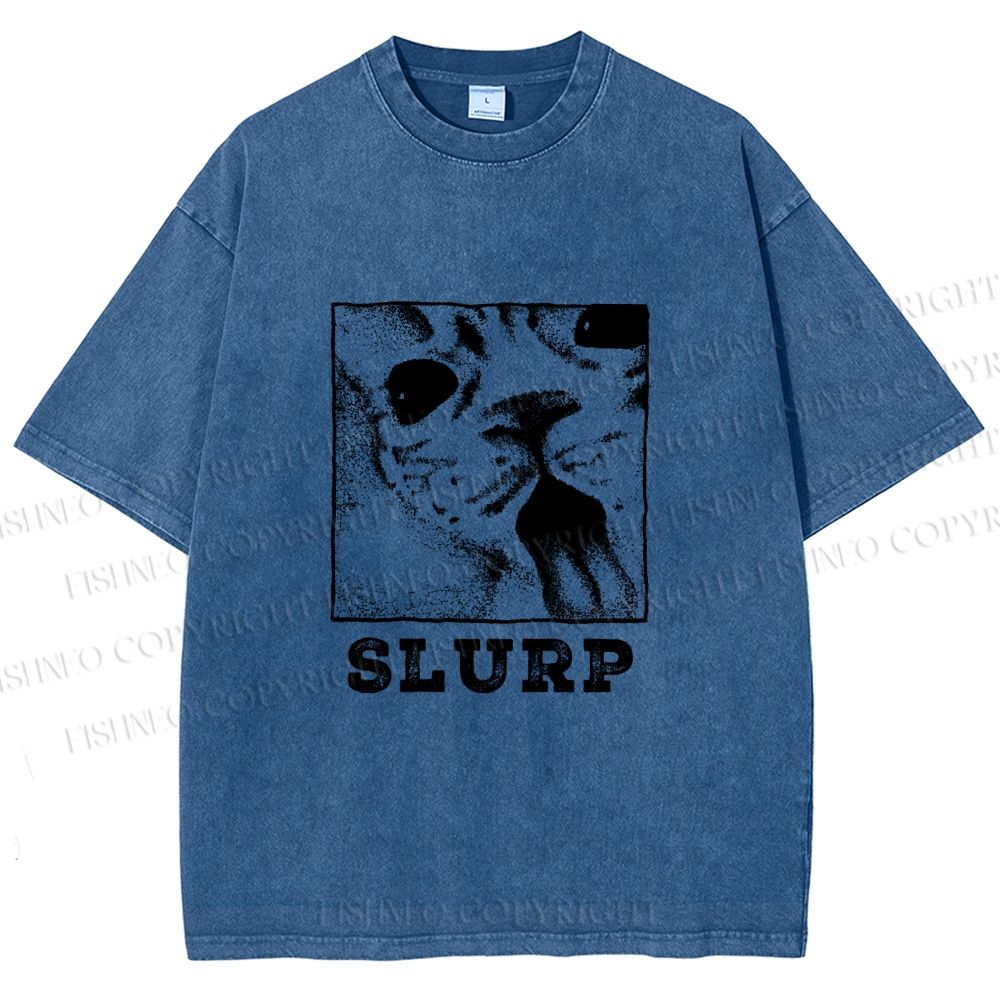 Unisex Meme Cat Slurp Printed Washed Tee