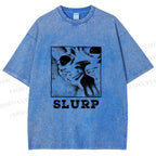 Unisex Meme Cat Slurp Printed Washed Tee