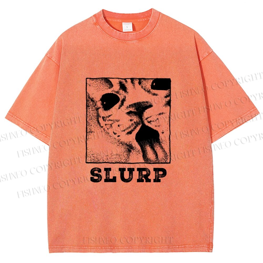 Unisex Meme Cat Slurp Printed Washed Tee